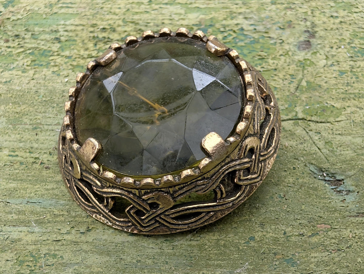 Vintage antique Celtic Brooch by Miracle, Scottish Knot Brooch, Green Stone Pin, Medieval Folk Jewelry, Witchcore Goblincore Gift