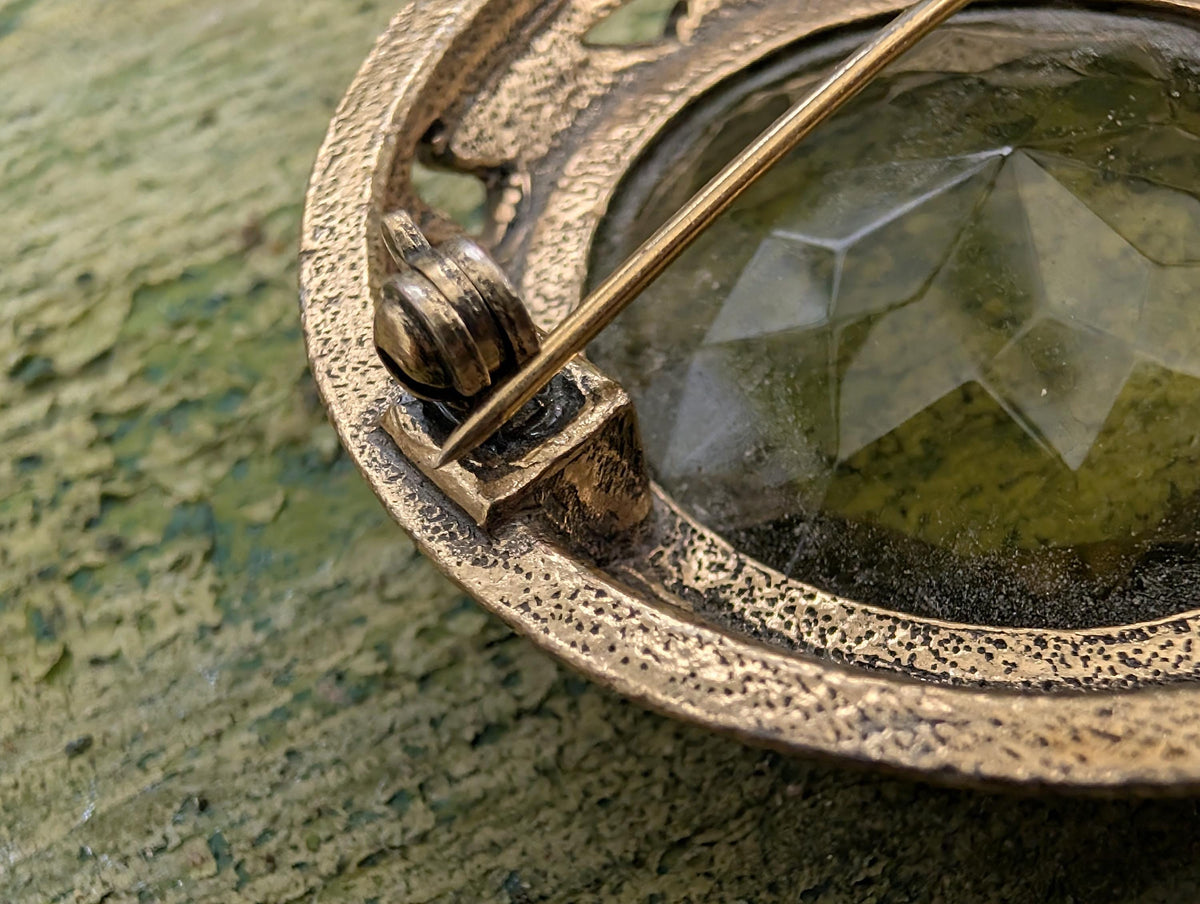 Vintage antique Celtic Brooch by Miracle, Scottish Knot Brooch, Green Stone Pin, Medieval Folk Jewelry, Witchcore Goblincore Gift