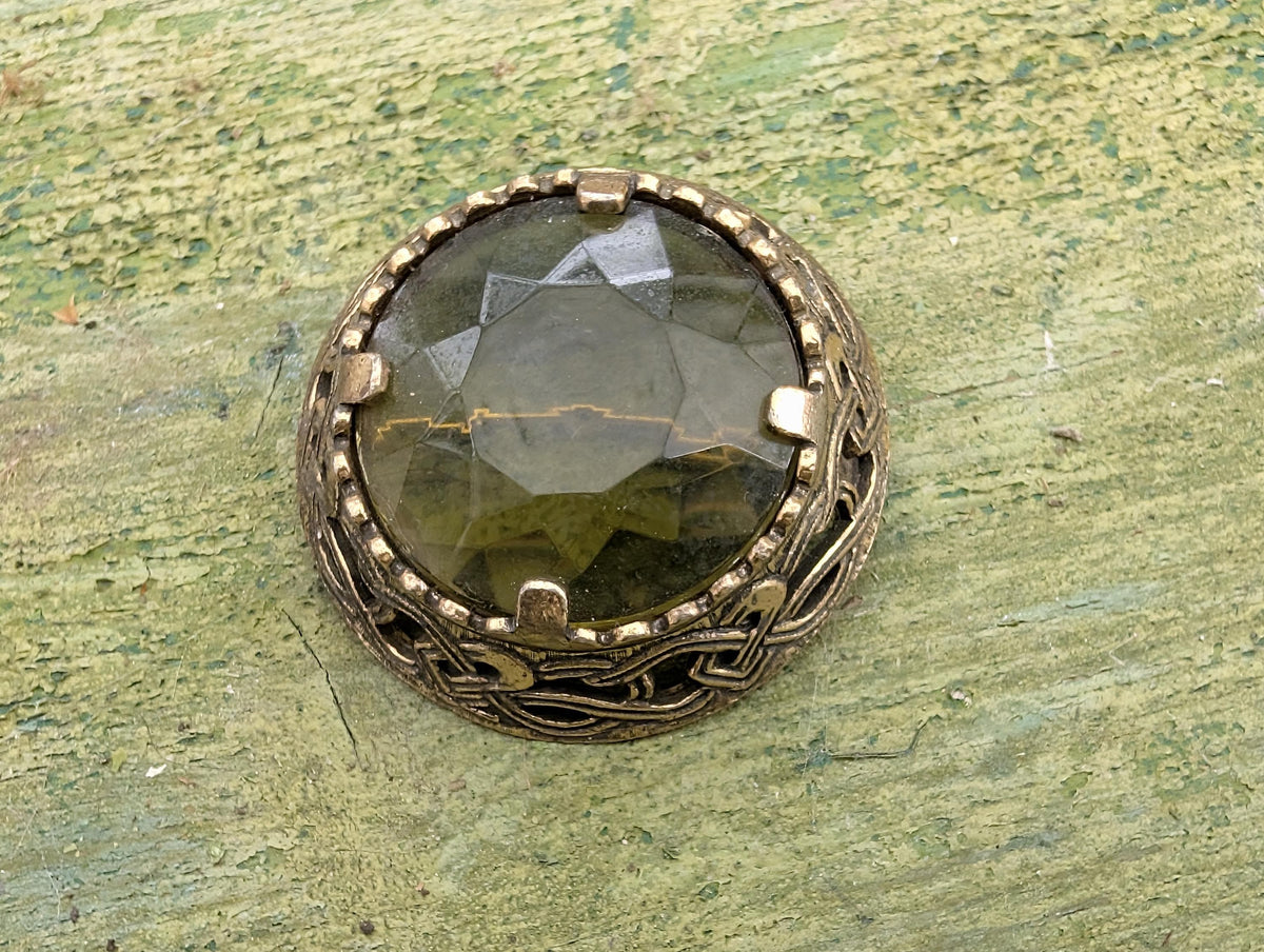 Vintage antique Celtic Brooch by Miracle, Scottish Knot Brooch, Green Stone Pin, Medieval Folk Jewelry, Witchcore Goblincore Gift
