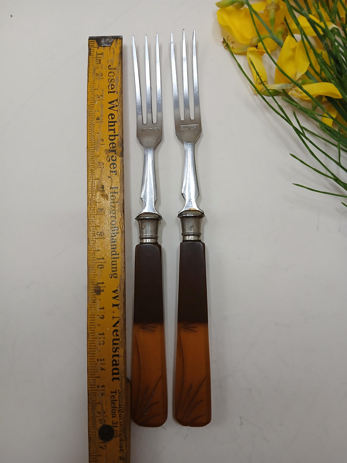 Vintage Art Deco Dessert Forks Set of 2, Amber Translucent Bakelite Style Handles, Rostfrei Stainless Steel, Austria Germany