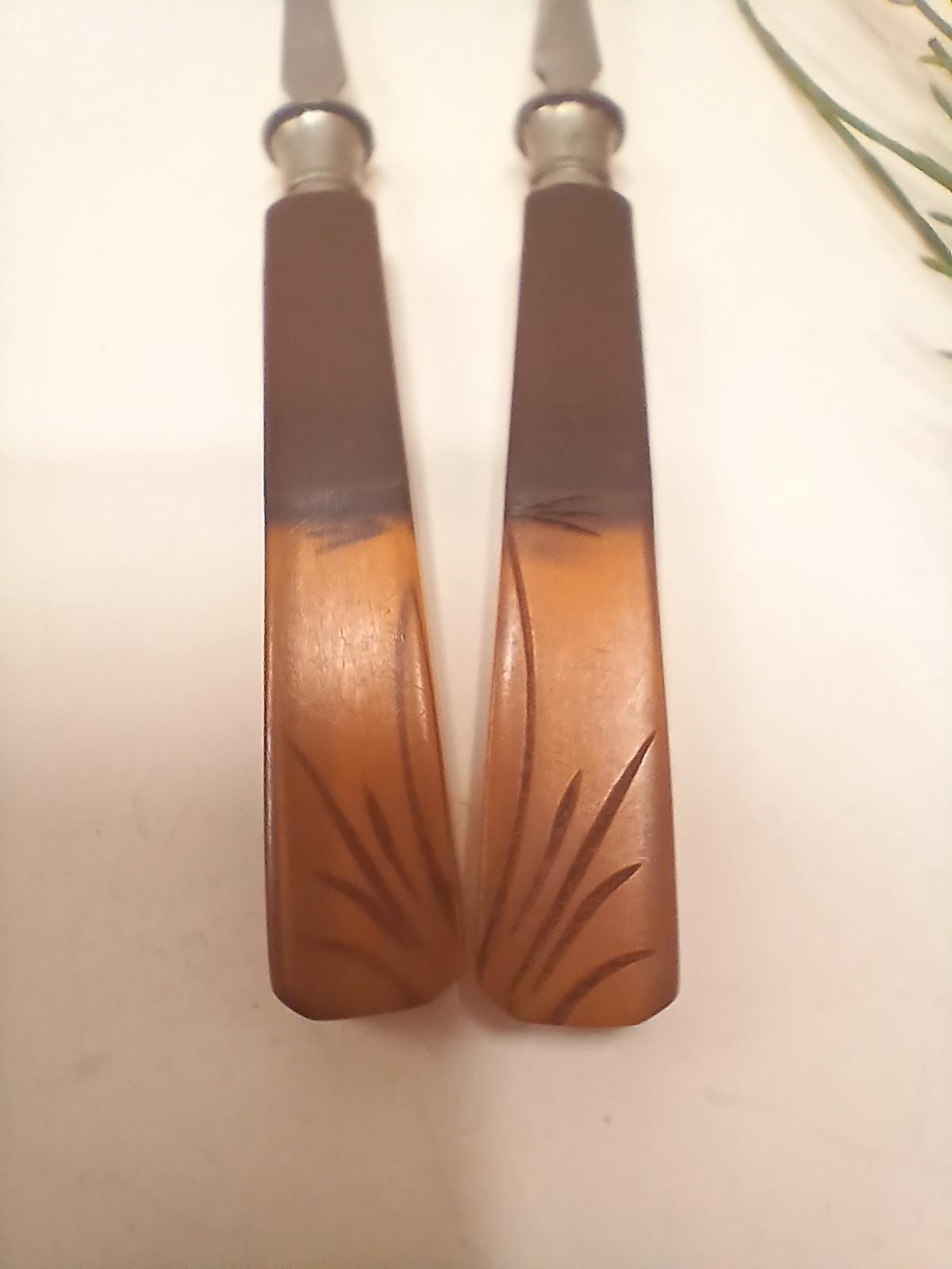 Vintage Art Deco Dessert Forks Set of 2, Amber Translucent Bakelite Style Handles, Rostfrei Stainless Steel, Austria Germany