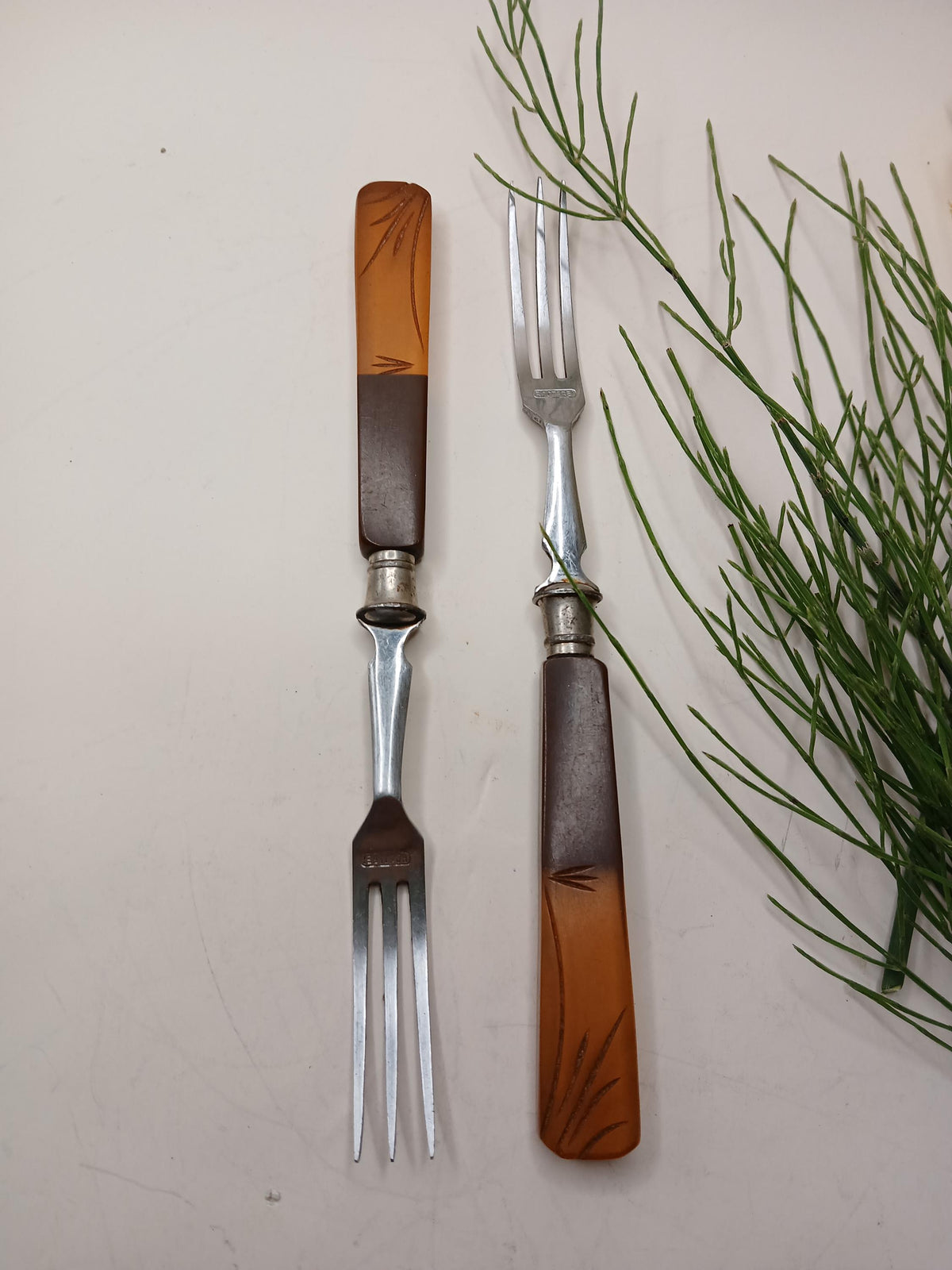 Vintage Art Deco Dessert Forks Set of 2, Amber Translucent Bakelite Style Handles, Rostfrei Stainless Steel, Austria Germany