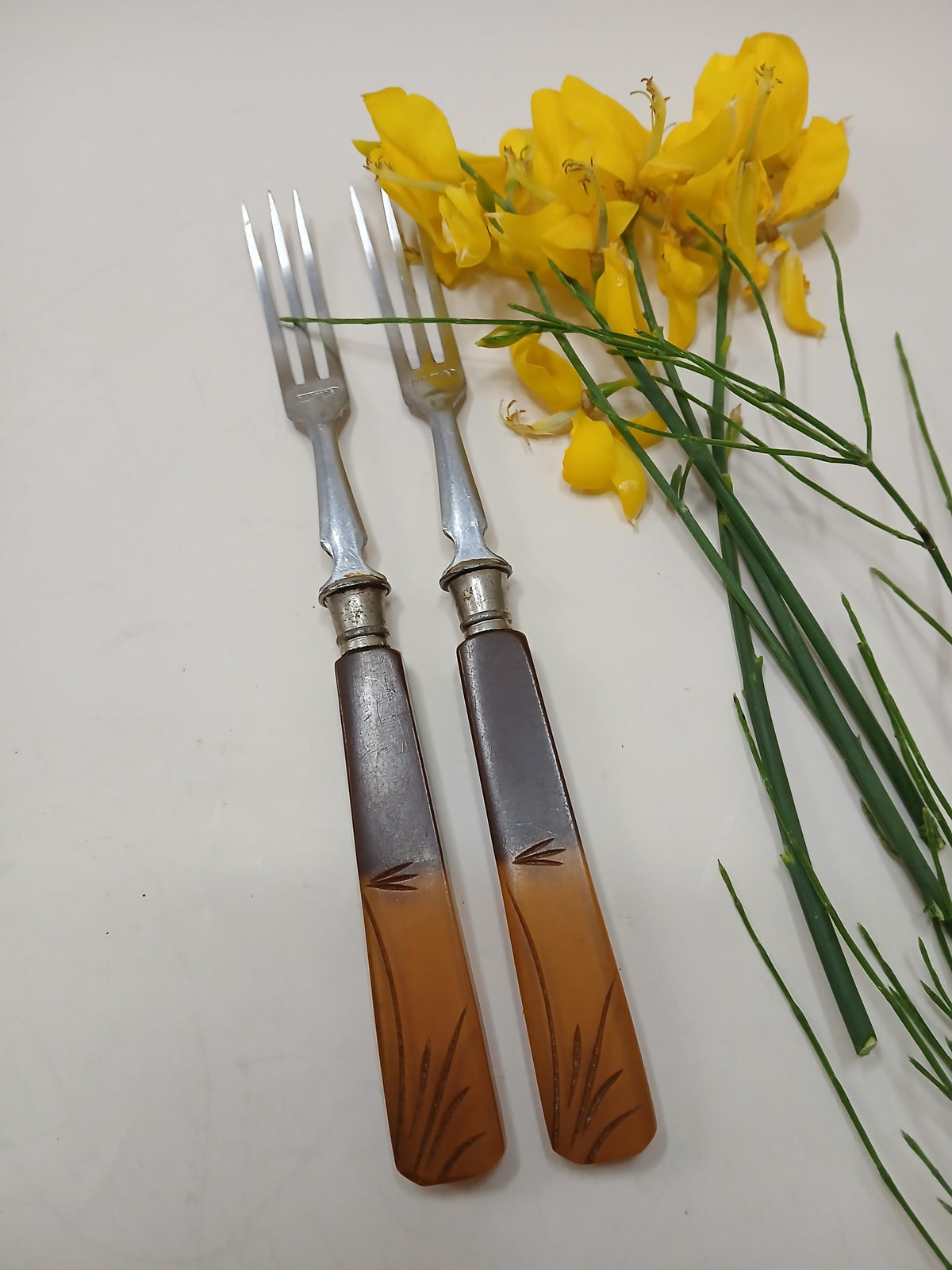 Vintage Art Deco Dessert Forks Set of 2, Amber Translucent Bakelite Style Handles, Rostfrei Stainless Steel, Austria Germany