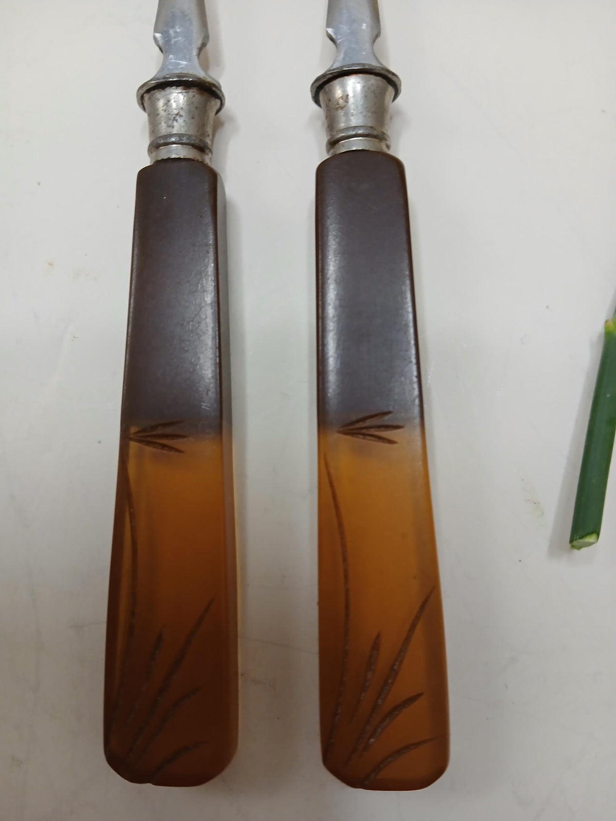 Vintage Art Deco Dessert Forks Set of 2, Amber Translucent Bakelite Style Handles, Rostfrei Stainless Steel, Austria Germany