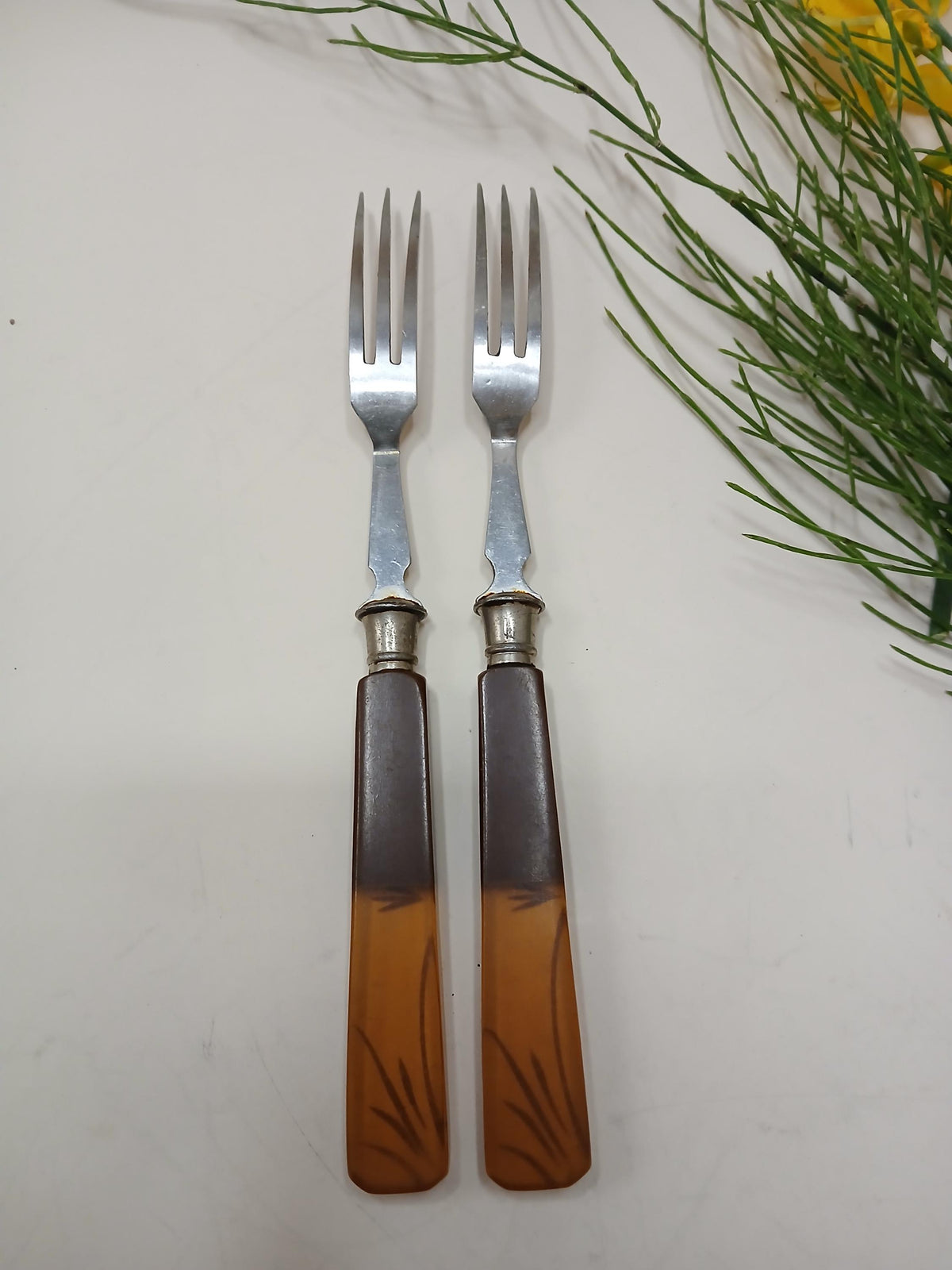 Vintage Art Deco Dessert Forks Set of 2, Amber Translucent Bakelite Style Handles, Rostfrei Stainless Steel, Austria Germany