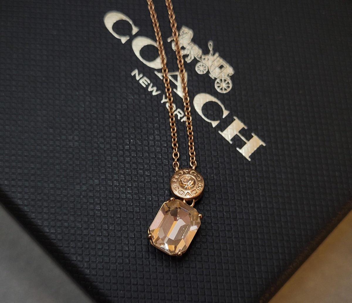 Vintage Coach Anhänger-Halskette mit rosa Kristall und Logo, Gesamtansicht