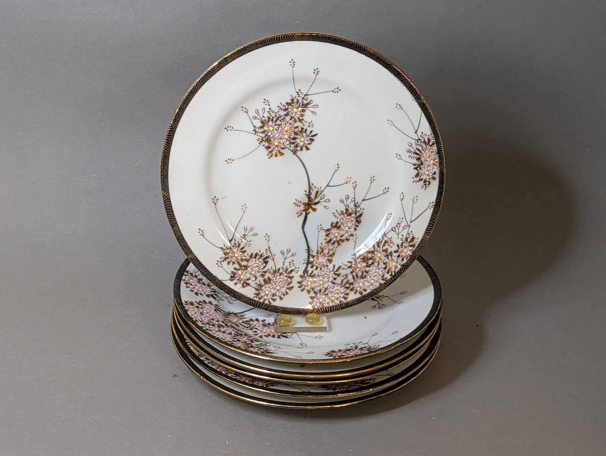 Japanisches Dessertteller-Set mit Kirschblüten und Goldrand, 6 Stück – Gesamtansicht, 1930er