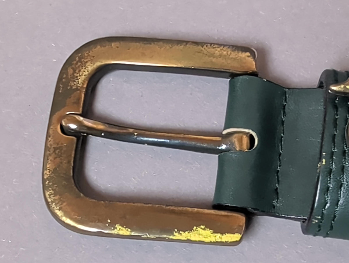 Vintage Green Leather Duck Belt Brass Mallard Buckle 80s 90s Country Club Preppy Style