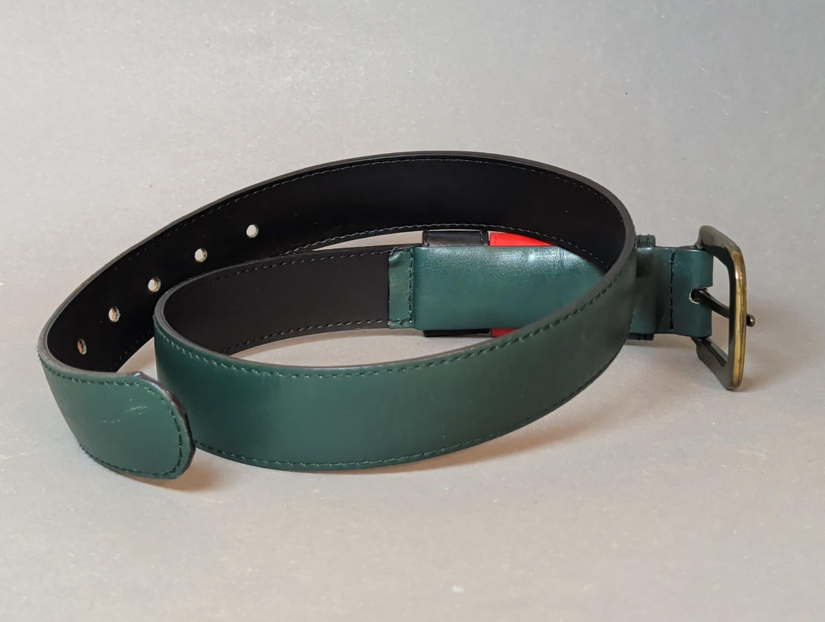 Vintage Green Leather Duck Belt Brass Mallard Buckle 80s 90s Country Club Preppy Style