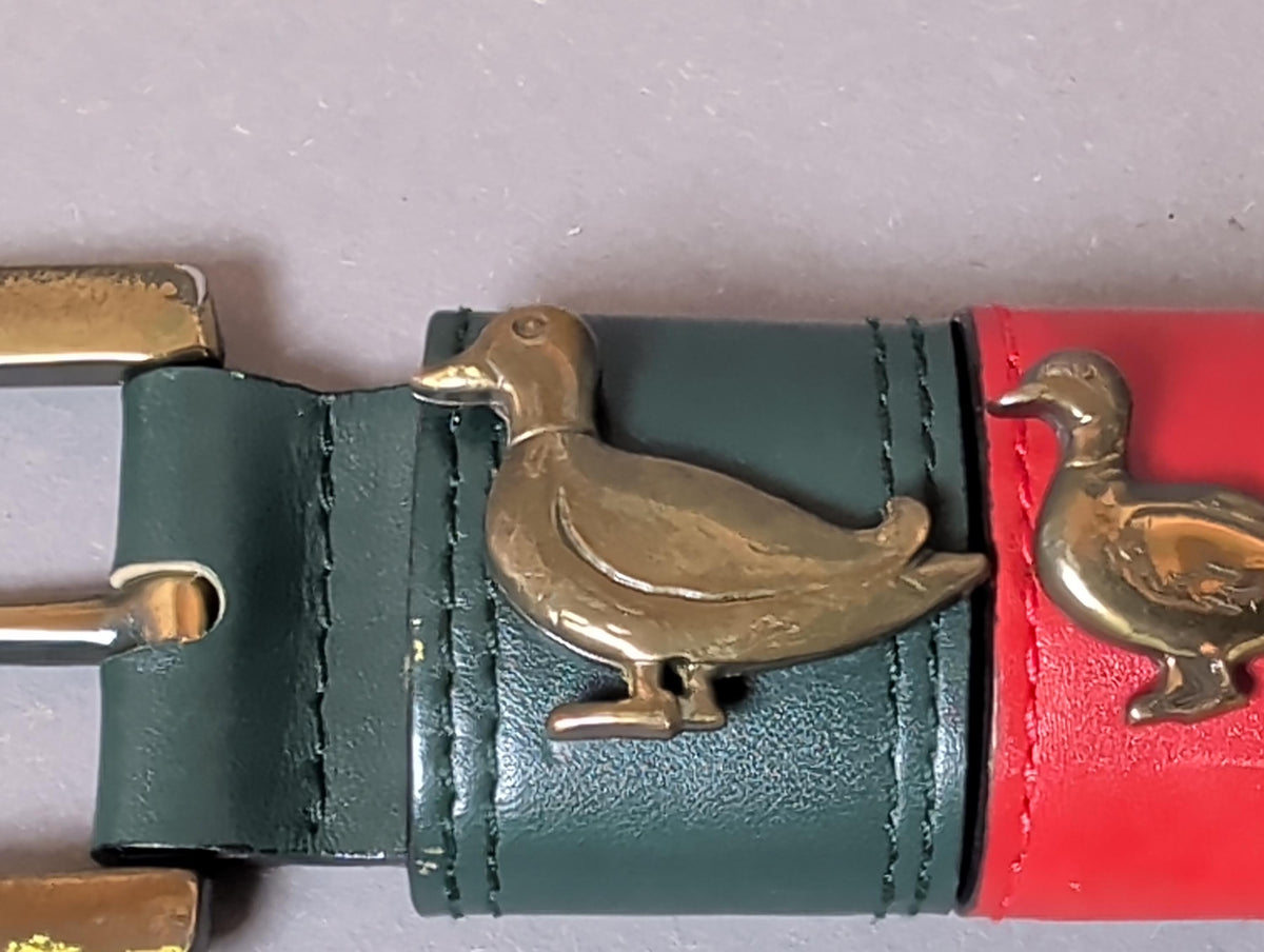 Vintage Green Leather Duck Belt Brass Mallard Buckle 80s 90s Country Club Preppy Style