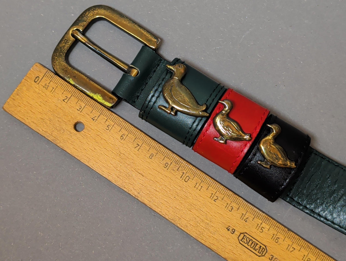 Vintage Green Leather Duck Belt Brass Mallard Buckle 80s 90s Country Club Preppy Style