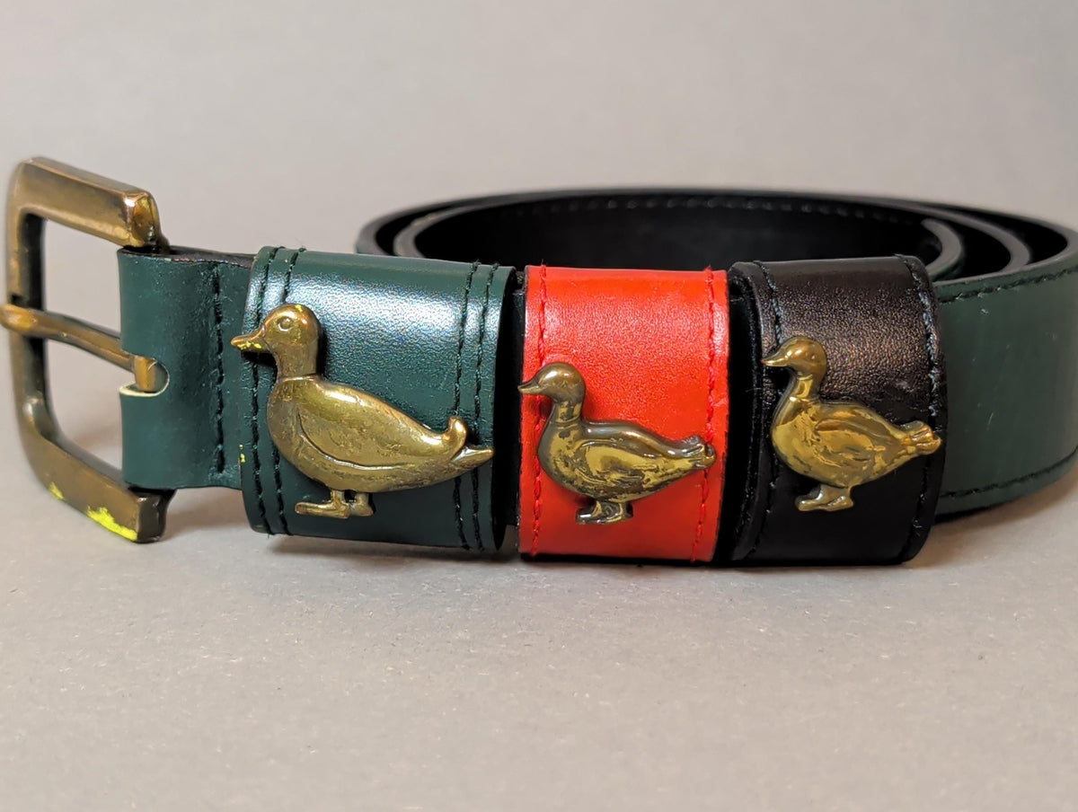 Vintage Green Leather Duck Belt Brass Mallard Buckle 80s 90s Country Club Preppy Style