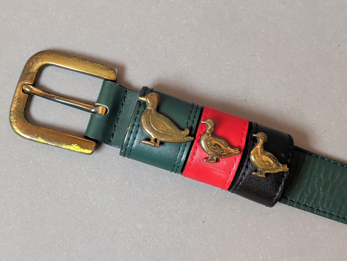 Vintage Green Leather Duck Belt Brass Mallard Buckle 80s 90s Country Club Preppy Style