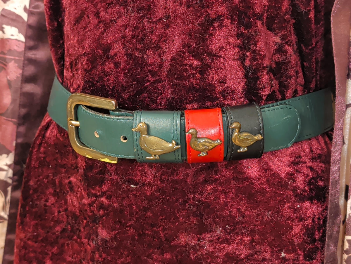 Vintage Green Leather Duck Belt Brass Mallard Buckle 80s 90s Country Club Preppy Style