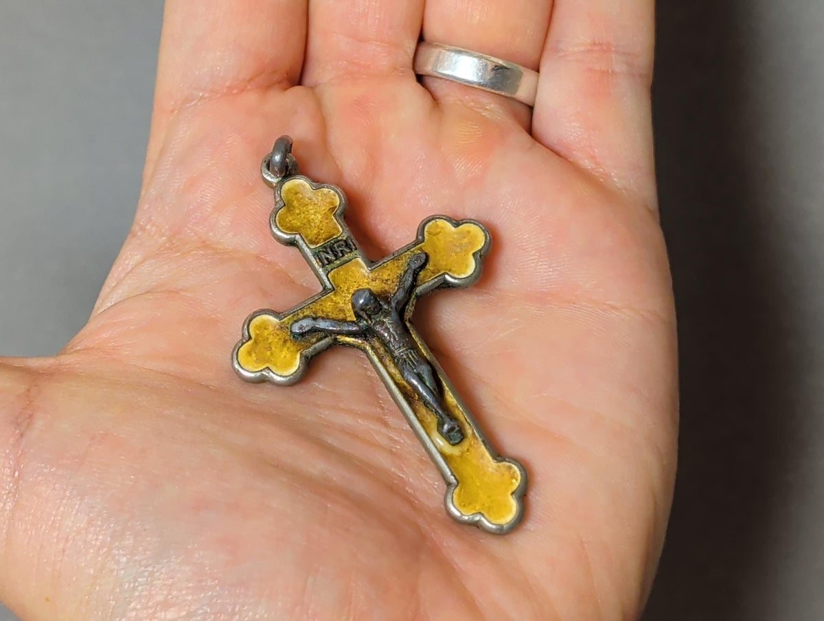 Rare Antique French Catholic Cloverleaf Crucifix Pendant Yellow Enamel Chi Rho Monogram