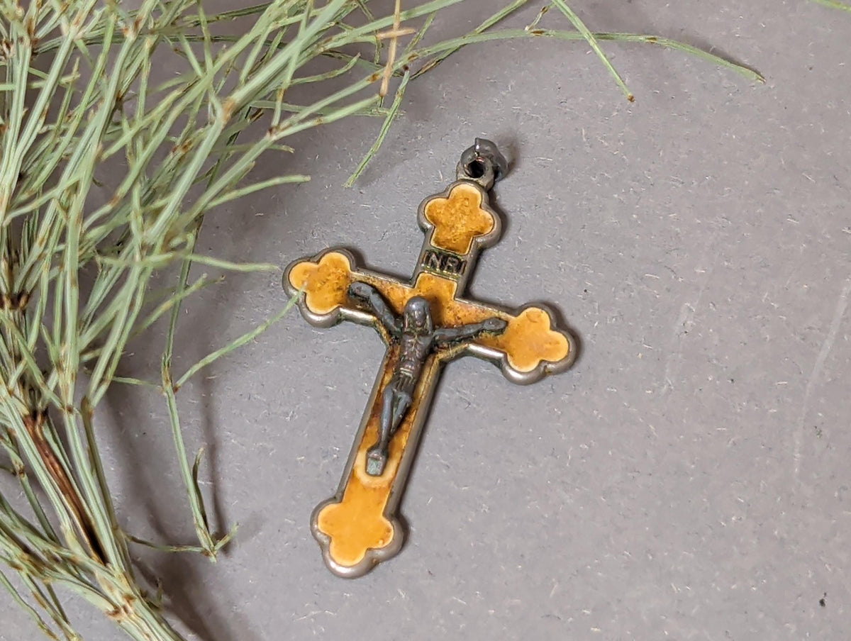 Rare Antique French Catholic Cloverleaf Crucifix Pendant Yellow Enamel Chi Rho Monogram