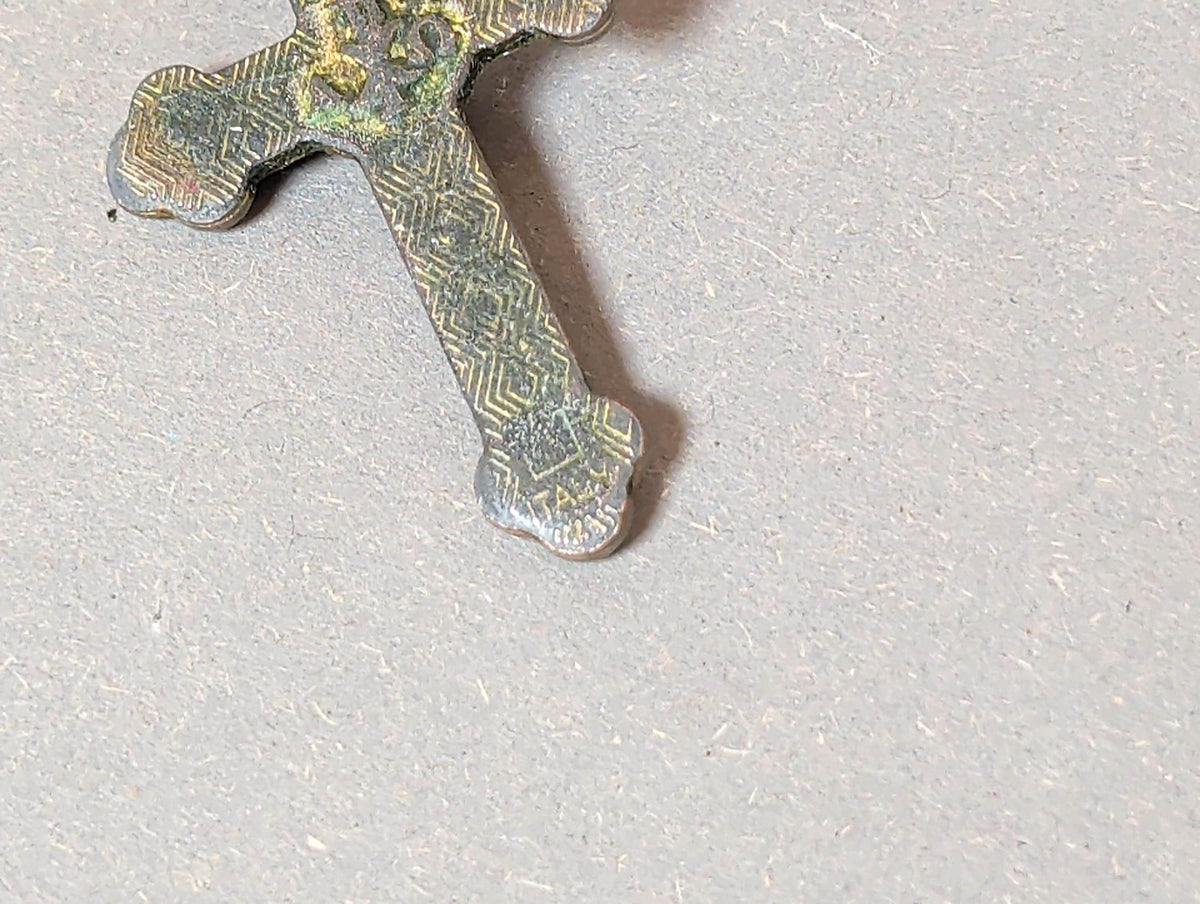 Rare Antique French Catholic Cloverleaf Crucifix Pendant Yellow Enamel Chi Rho Monogram