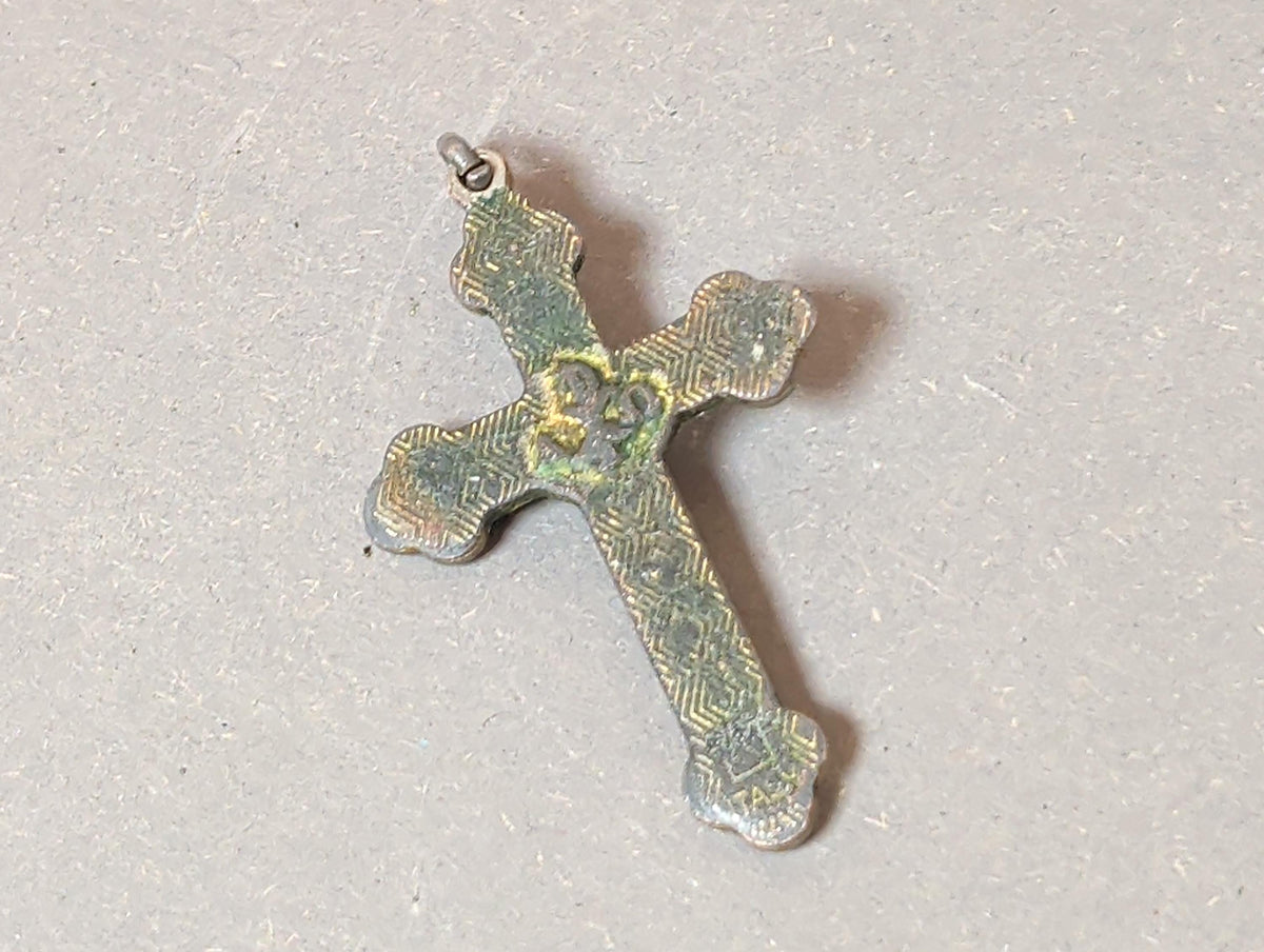 Rare Antique French Catholic Cloverleaf Crucifix Pendant Yellow Enamel Chi Rho Monogram