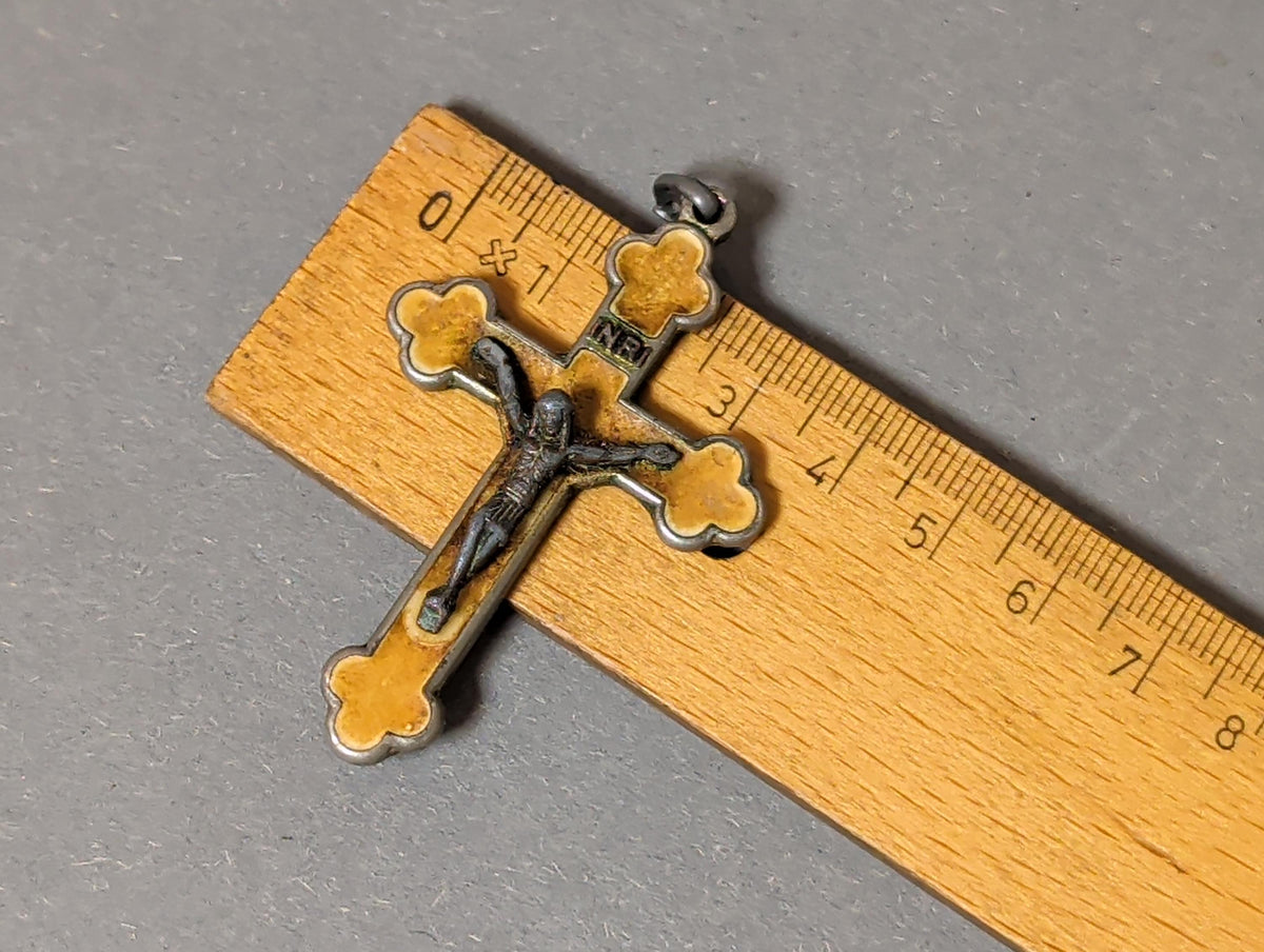Rare Antique French Catholic Cloverleaf Crucifix Pendant Yellow Enamel Chi Rho Monogram