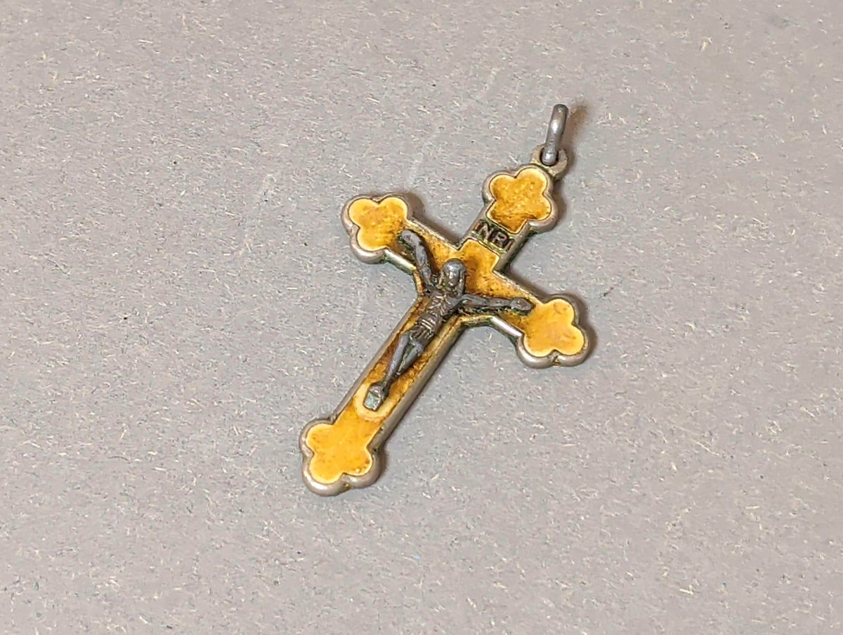 Rare Antique French Catholic Cloverleaf Crucifix Pendant Yellow Enamel Chi Rho Monogram