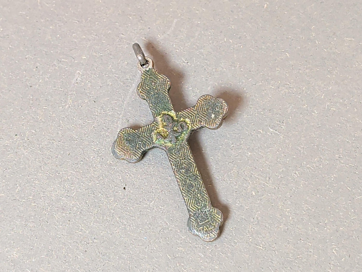 Rare Antique French Catholic Cloverleaf Crucifix Pendant Yellow Enamel Chi Rho Monogram