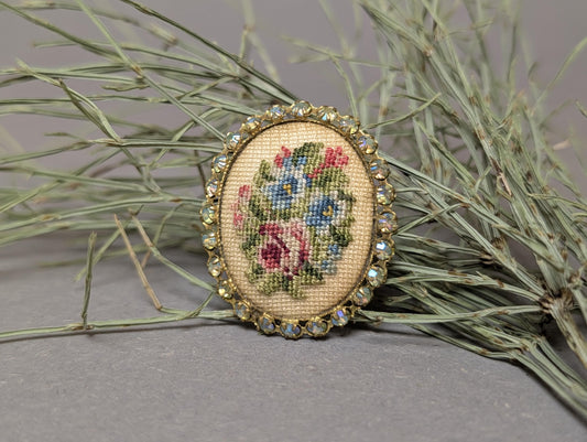 Vintage Petit Point Micro Needlepoint Brooch Floral Micro Embroidery Pin Aurora Borealis Rhinestone Border Gold Tone Mid Century Jewelry