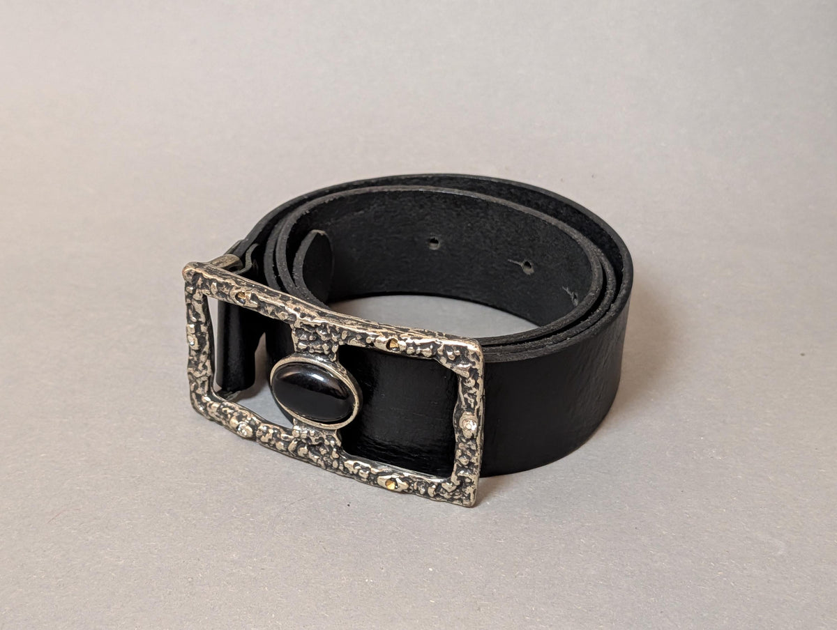 Vintage Black Leather Belt Made in Italy Sorelle Ramonda Chunky Statement Silver Buckle Black Cabochon Stone 80s 90s Gothic Western Size 90