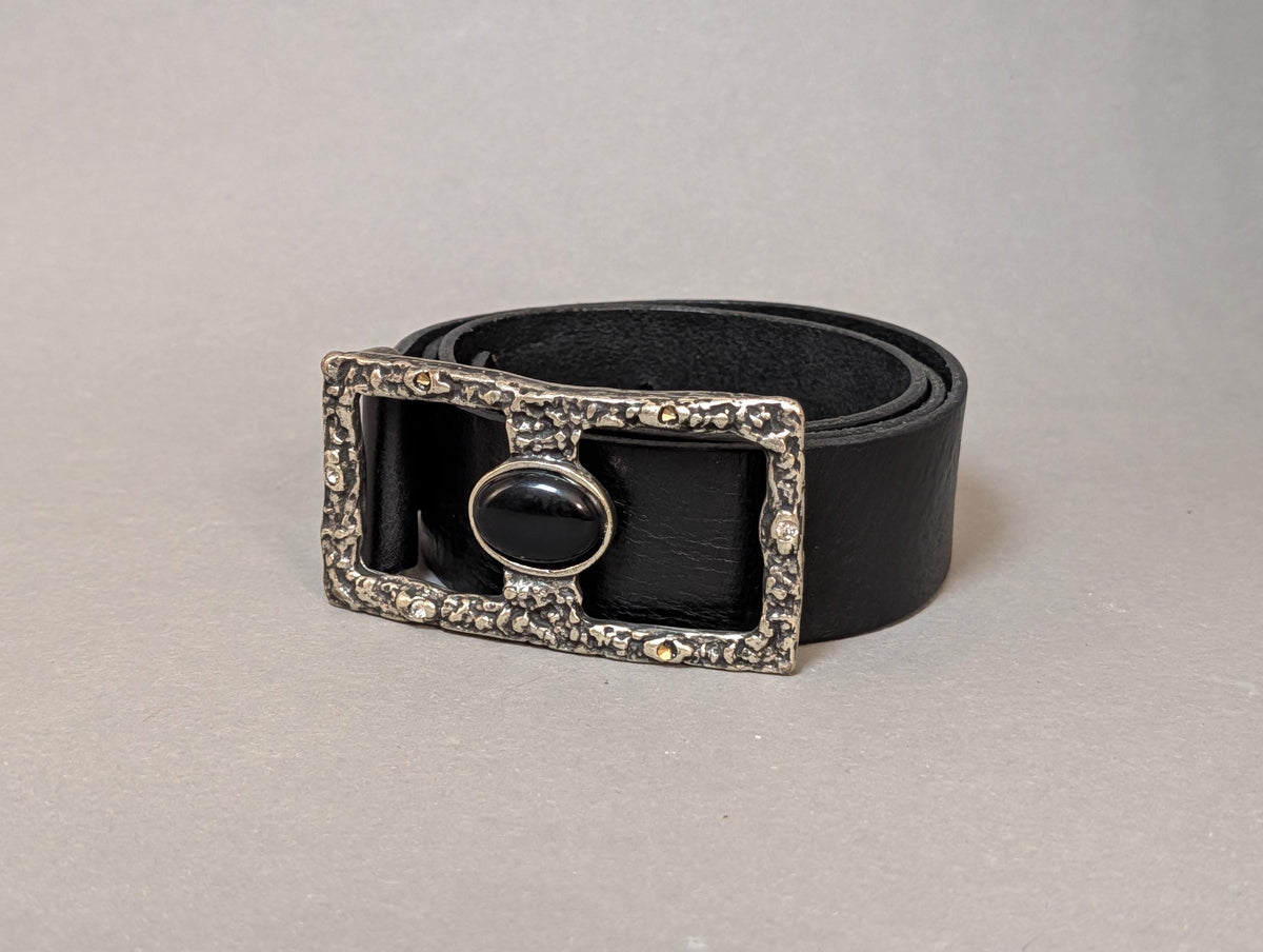 Vintage Black Leather Belt Made in Italy Sorelle Ramonda Chunky Statement Silver Buckle Black Cabochon Stone 80s 90s Gothic Western Size 90