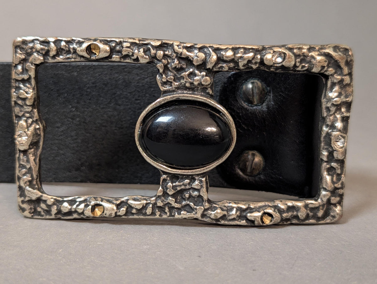 Vintage Black Leather Belt Made in Italy Sorelle Ramonda Chunky Statement Silver Buckle Black Cabochon Stone 80s 90s Gothic Western Size 90