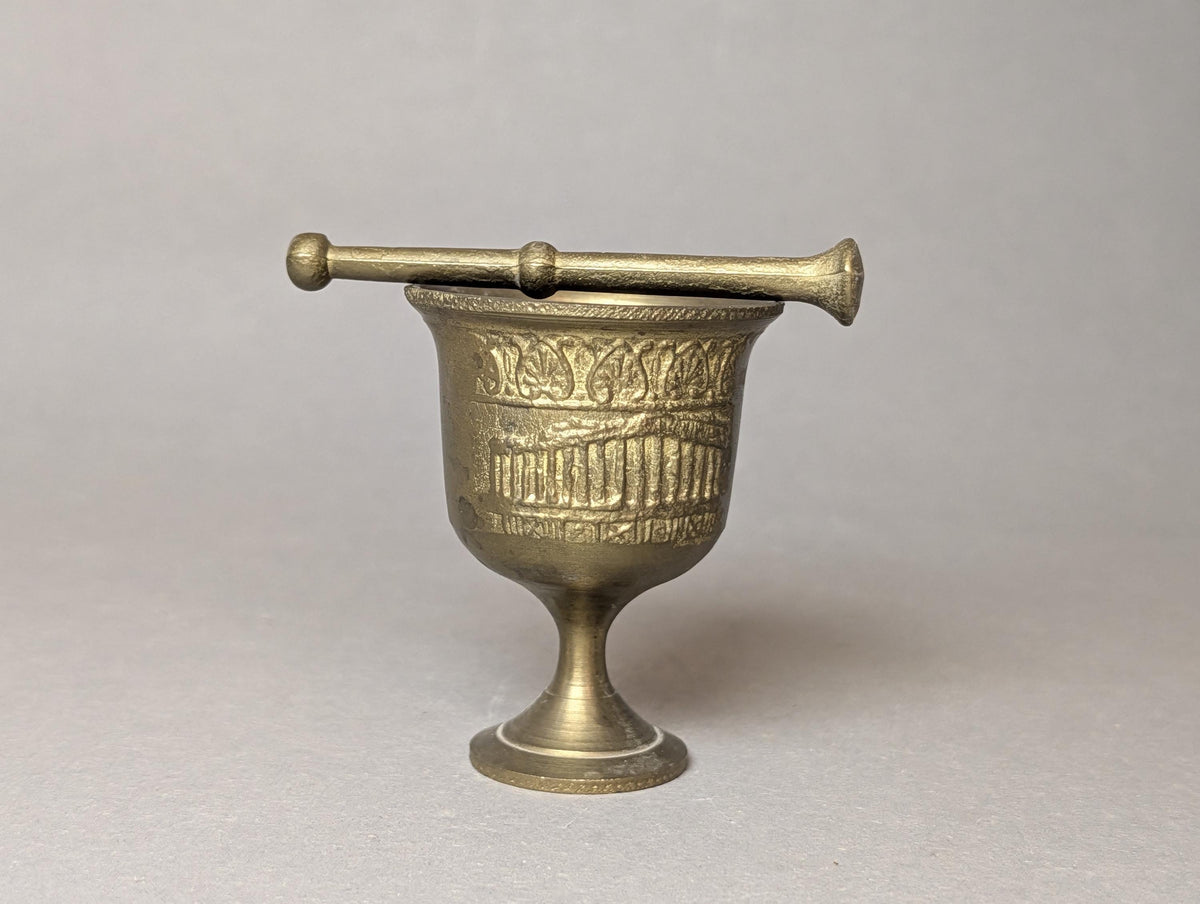 Vintage Brass Miniature Mortar Pestle Parthenon Greek Souvenir Small Spice Grinder Solid Brass Saffron Crusher Mid Century Vessel