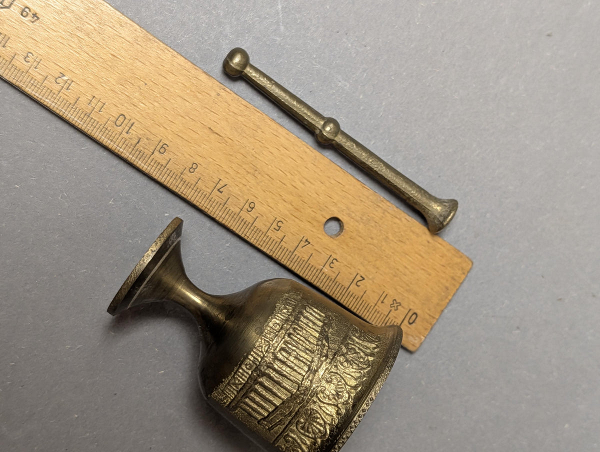 Vintage Brass Miniature Mortar Pestle Parthenon Greek Souvenir Small Spice Grinder Solid Brass Saffron Crusher Mid Century Vessel