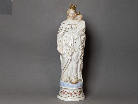 Gekrönte Madonna mit Jesuskind aus Porzellan – Gesamtansicht, Vintage Mitteleuropa 1930er
