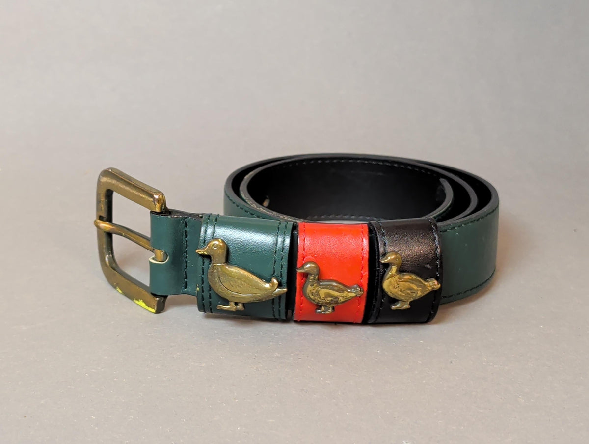 Vintage Green Leather Duck Belt Brass Mallard Buckle 80s 90s Country Club Preppy Style
