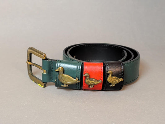Vintage Green Leather Duck Belt Brass Mallard Buckle 80s 90s Country Club Preppy Style
