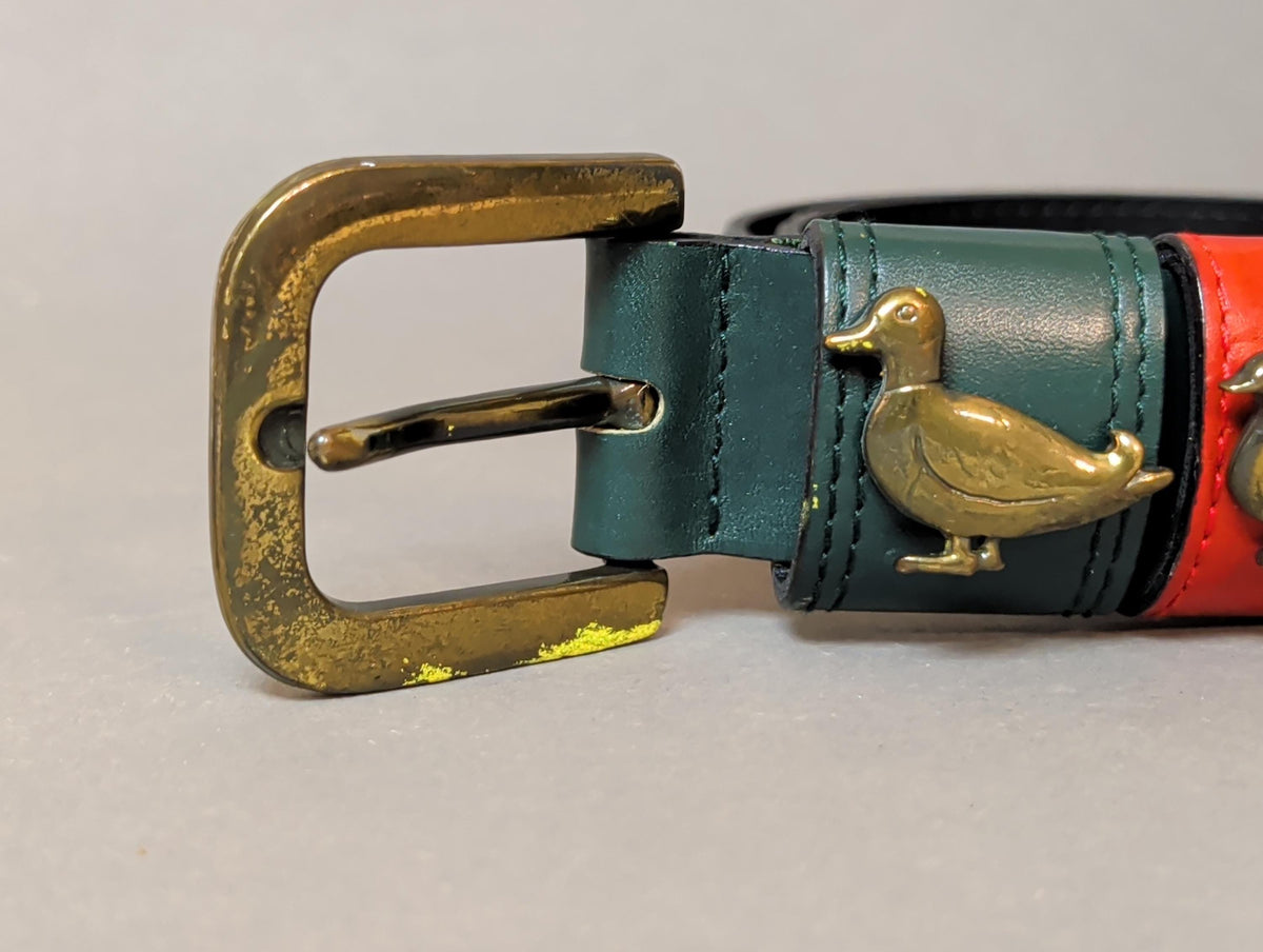 Vintage Green Leather Duck Belt Brass Mallard Buckle 80s 90s Country Club Preppy Style