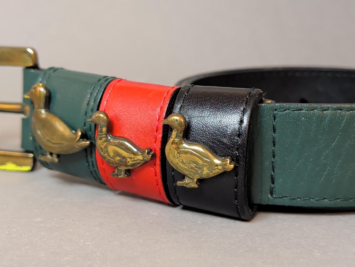 Vintage Green Leather Duck Belt Brass Mallard Buckle 80s 90s Country Club Preppy Style