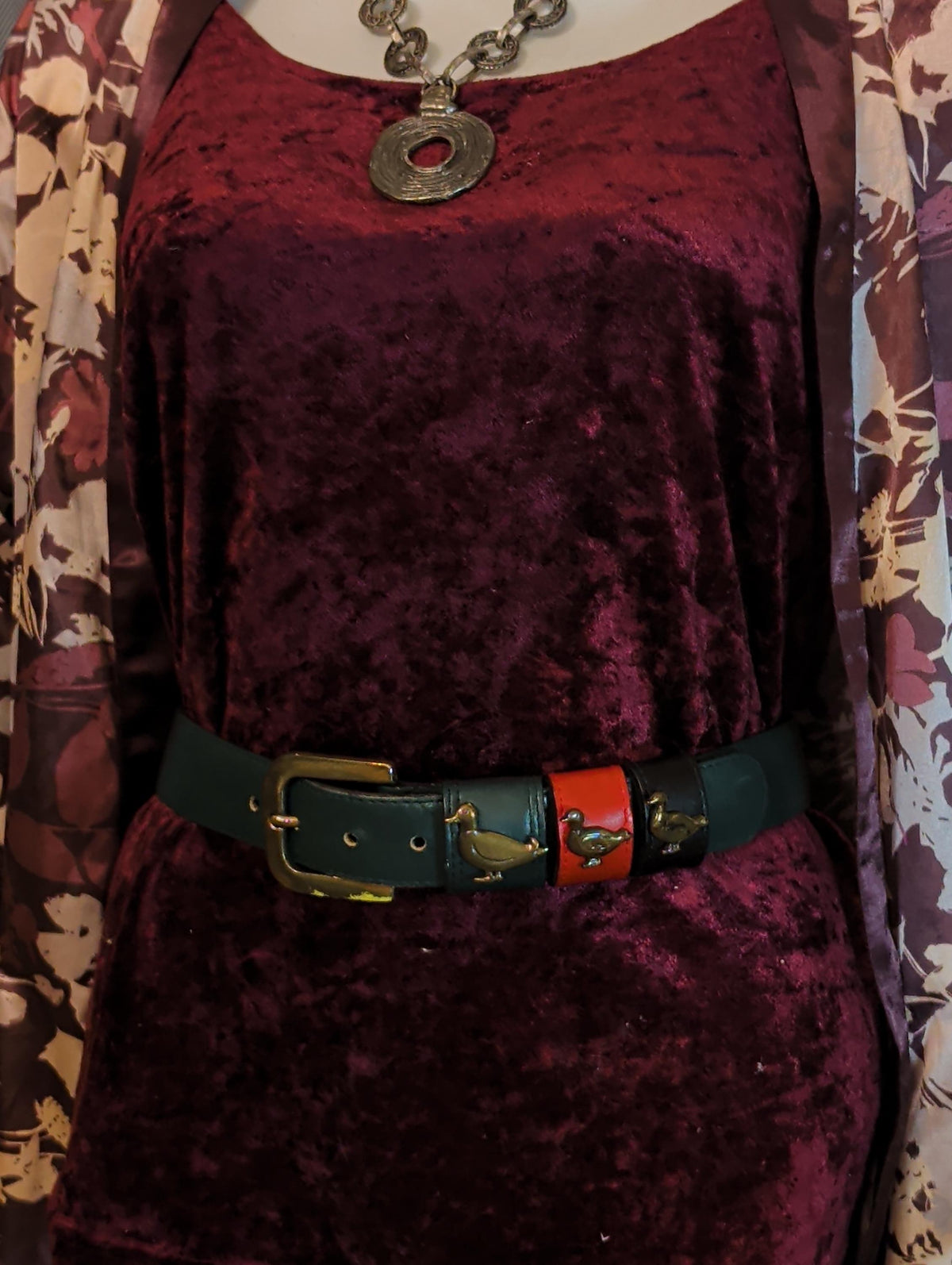 Vintage Green Leather Duck Belt Brass Mallard Buckle 80s 90s Country Club Preppy Style