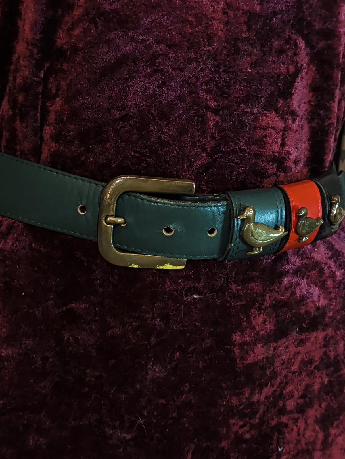 Vintage Green Leather Duck Belt Brass Mallard Buckle 80s 90s Country Club Preppy Style
