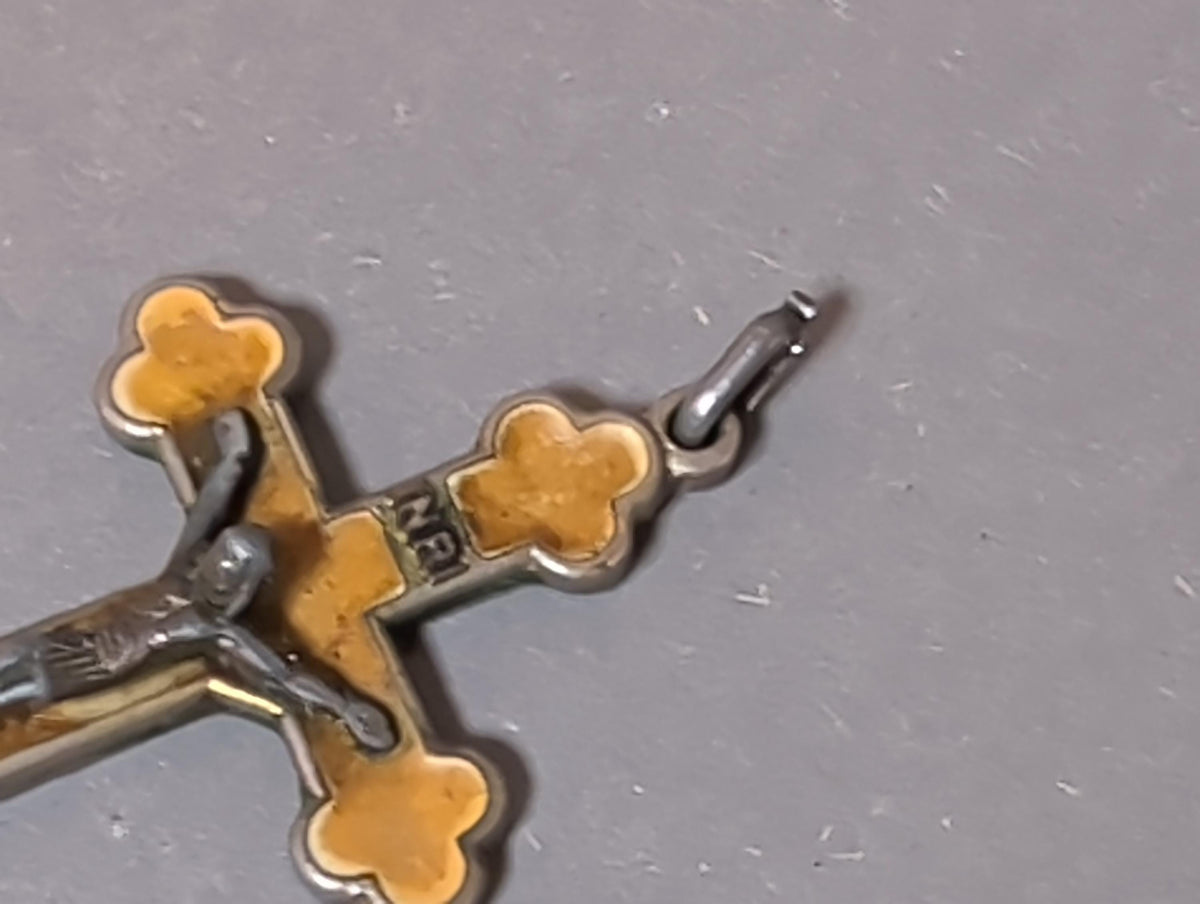 Rare Antique French Catholic Cloverleaf Crucifix Pendant Yellow Enamel Chi Rho Monogram