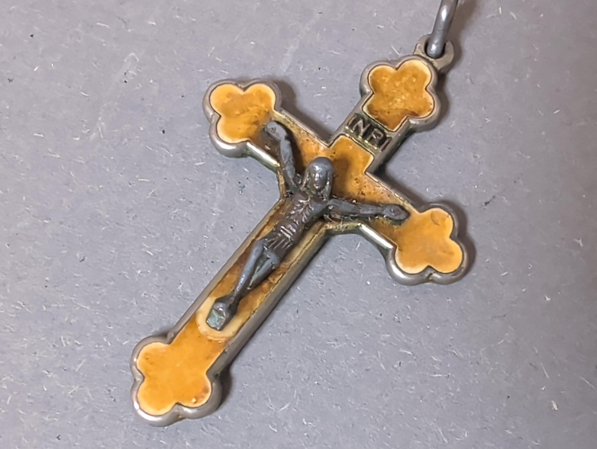 Rare Antique French Catholic Cloverleaf Crucifix Pendant Yellow Enamel Chi Rho Monogram