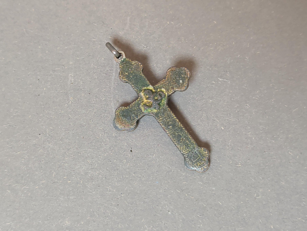 Rare Antique French Catholic Cloverleaf Crucifix Pendant Yellow Enamel Chi Rho Monogram