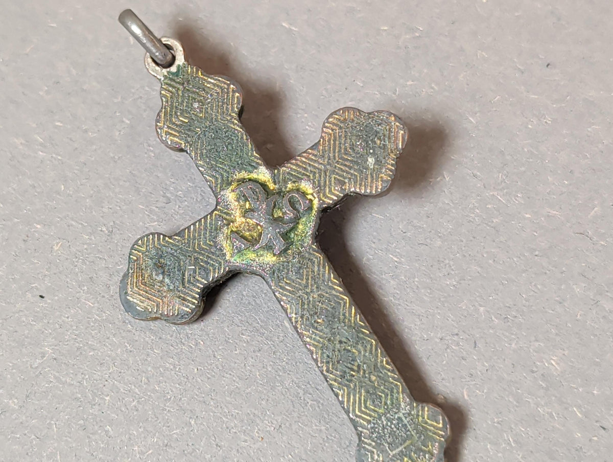 Rare Antique French Catholic Cloverleaf Crucifix Pendant Yellow Enamel Chi Rho Monogram