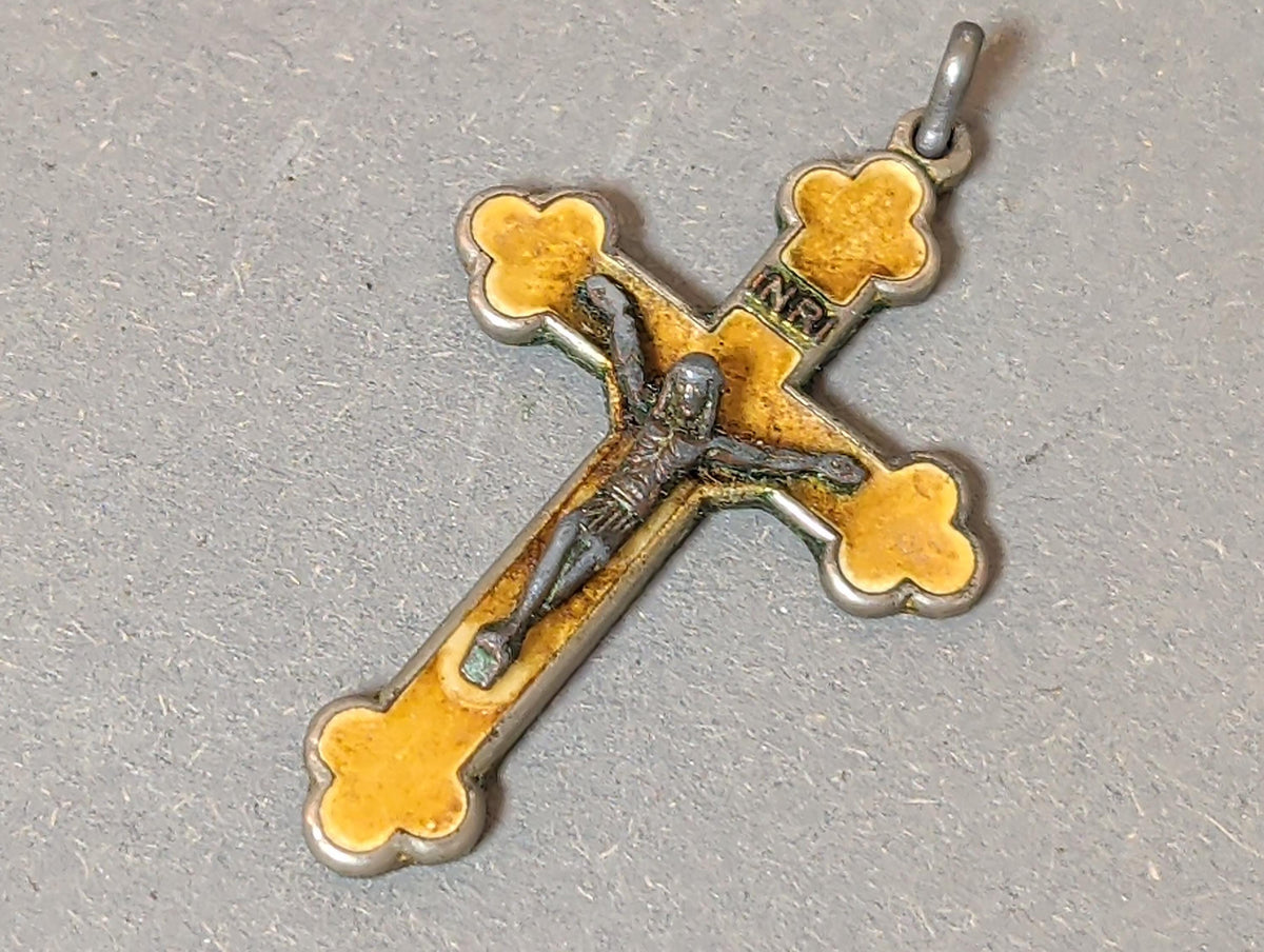 Rare Antique French Catholic Cloverleaf Crucifix Pendant Yellow Enamel Chi Rho Monogram