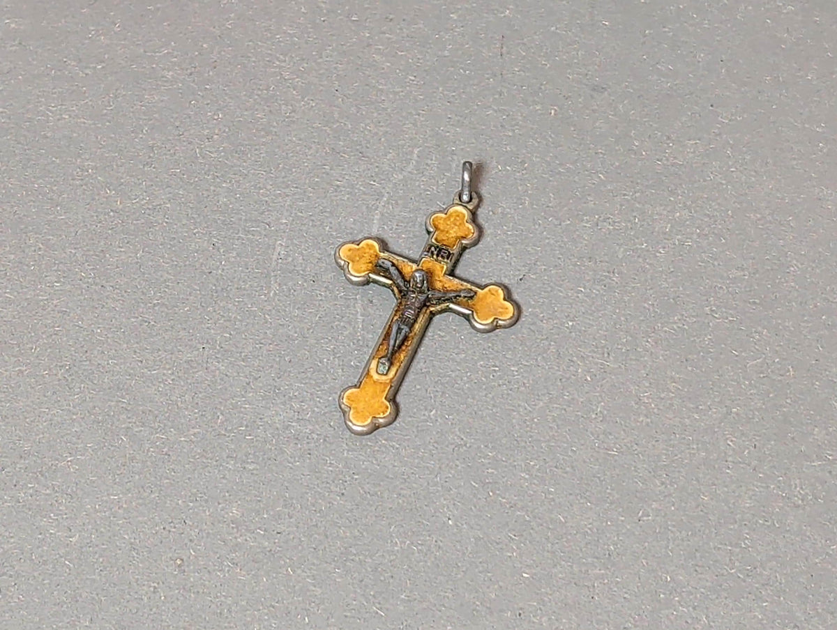 Rare Antique French Catholic Cloverleaf Crucifix Pendant Yellow Enamel Chi Rho Monogram