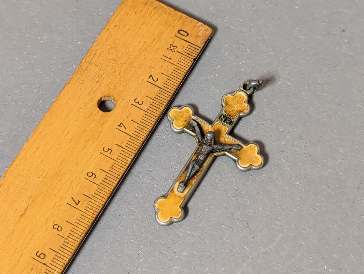 Rare Antique French Catholic Cloverleaf Crucifix Pendant Yellow Enamel Chi Rho Monogram