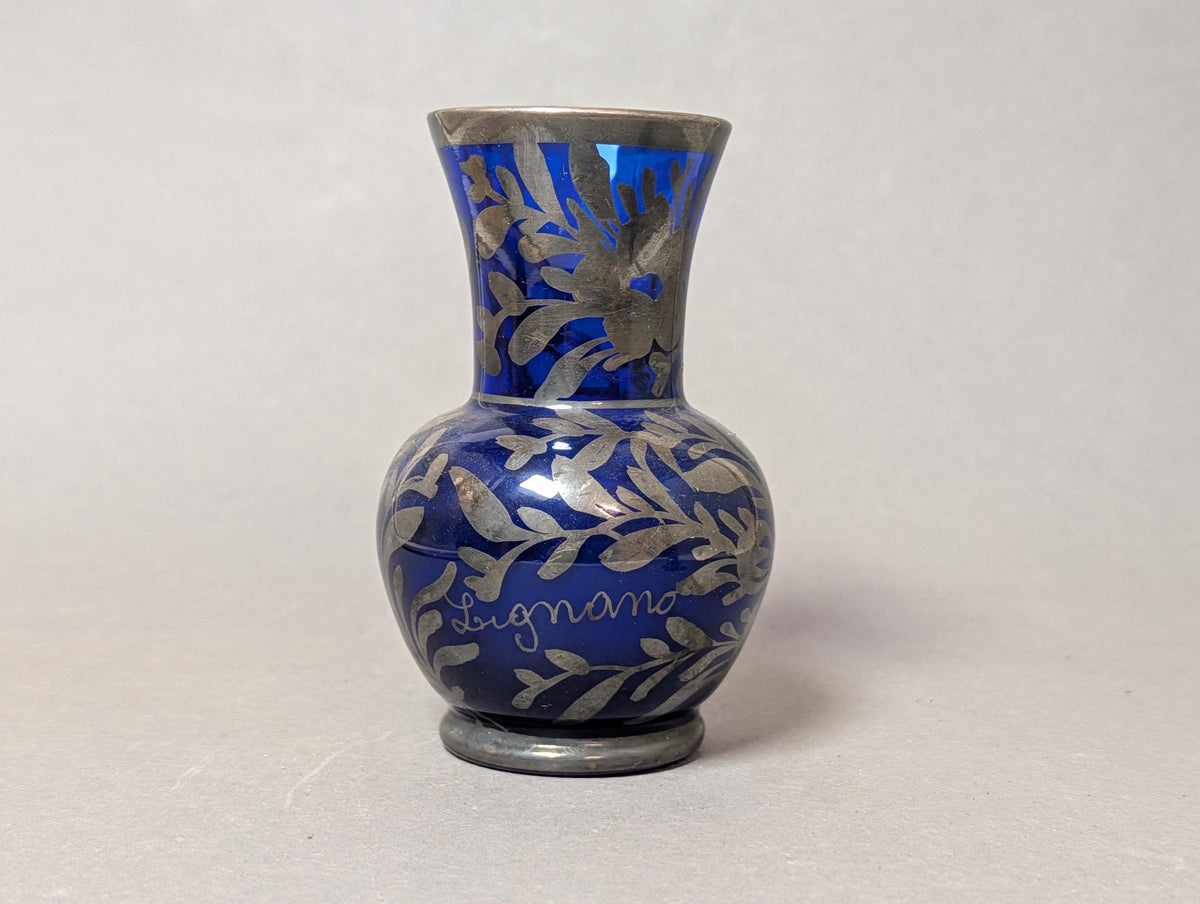 Italienische Kobaltglas-Vase mit 925er Silberauflage Lignano, Gesamtansicht