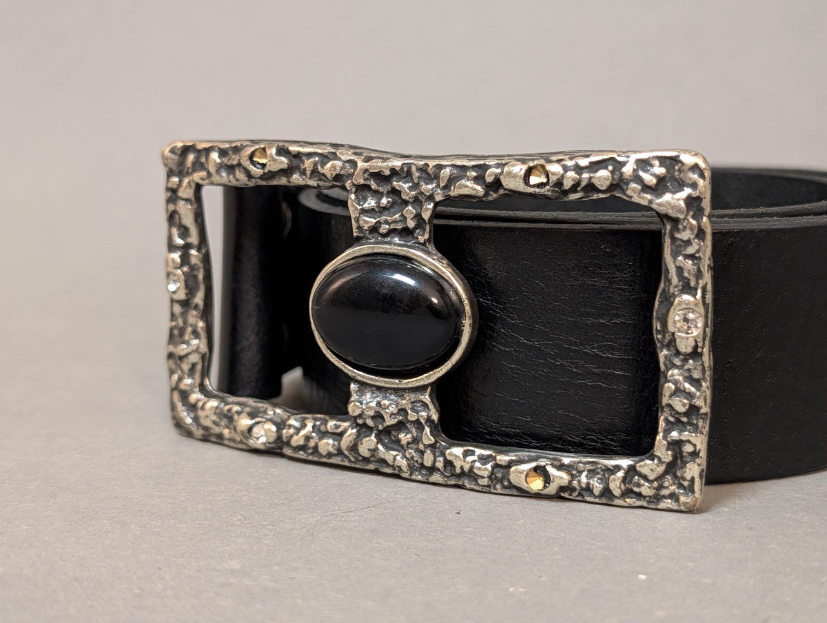 Vintage Black Leather Belt Made in Italy Sorelle Ramonda Chunky Statement Silver Buckle Black Cabochon Stone 80s 90s Gothic Western Size 90