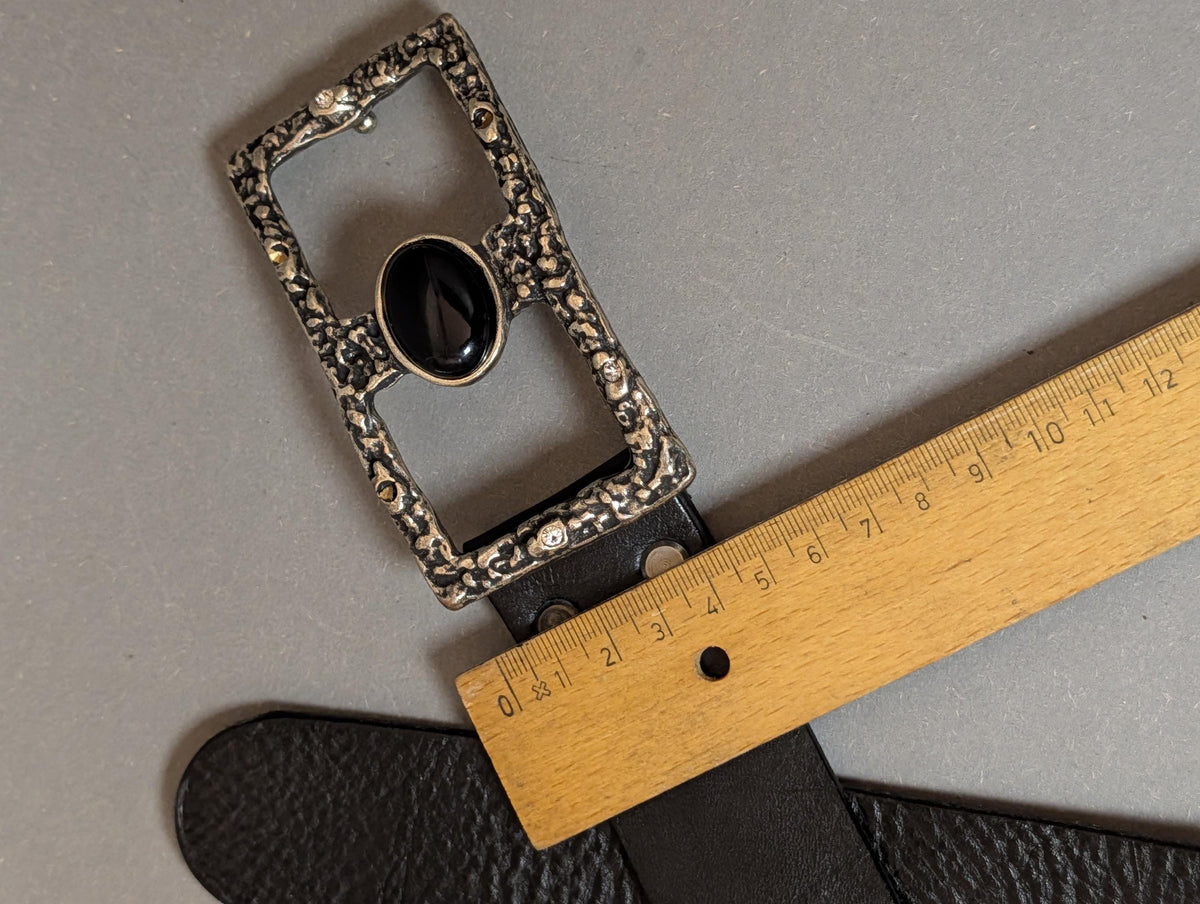 Vintage Black Leather Belt Made in Italy Sorelle Ramonda Chunky Statement Silver Buckle Black Cabochon Stone 80s 90s Gothic Western Size 90