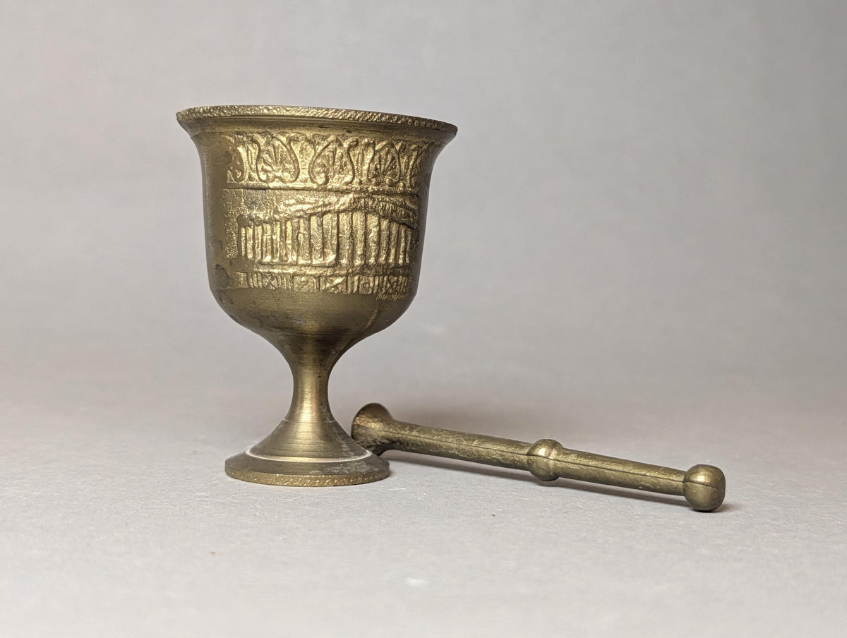 Vintage Brass Miniature Mortar Pestle Parthenon Greek Souvenir Small Spice Grinder Solid Brass Saffron Crusher Mid Century Vessel