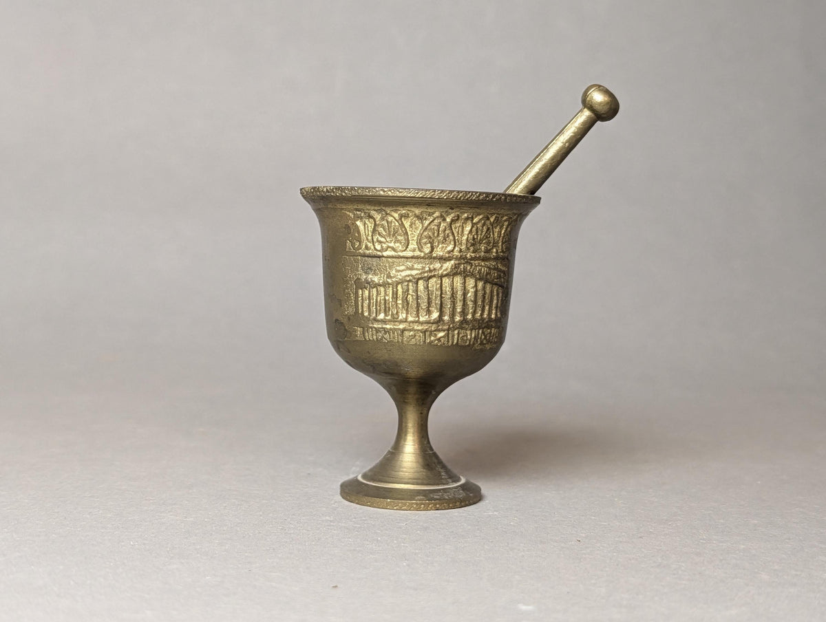 Vintage Brass Miniature Mortar Pestle Parthenon Greek Souvenir Small Spice Grinder Solid Brass Saffron Crusher Mid Century Vessel